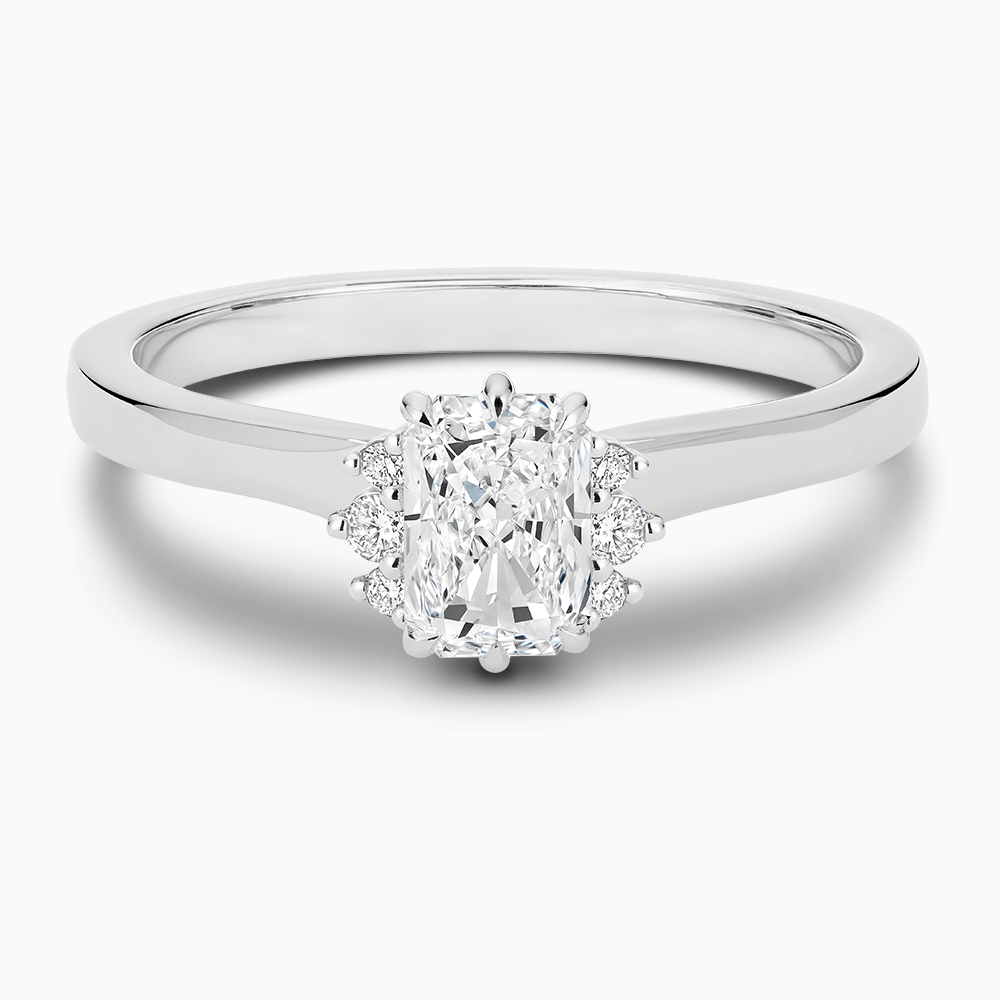 The Ecksand Solitaire Six-Prongs Engagement Ring with Diamond Accent Pavé shown with Radiant in 14k White Gold