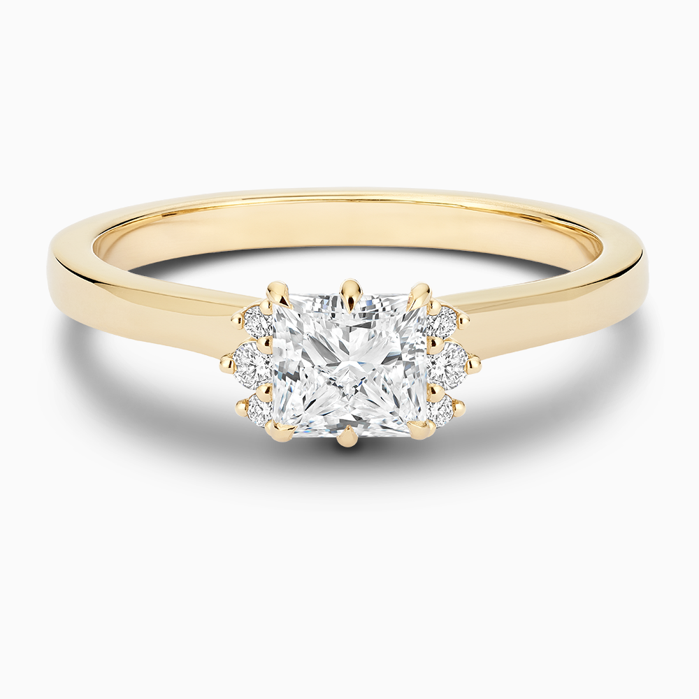 The Ecksand Solitaire Six-Prongs Engagement Ring with Diamond Accent Pavé shown with Princess in 14k Yellow Gold