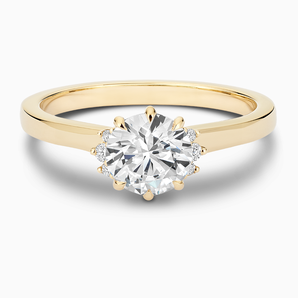 The Ecksand Solitaire Six-Prongs Engagement Ring with Diamond Accent Pavé shown with Round in 14k Yellow Gold