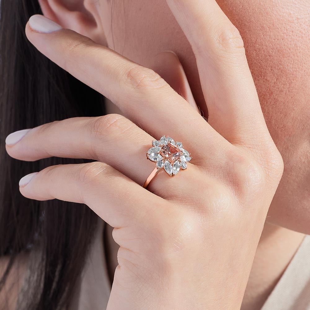 The Ecksand Blooming Diamond Halo Engagement Ring with Centre Morganite shown with  in 