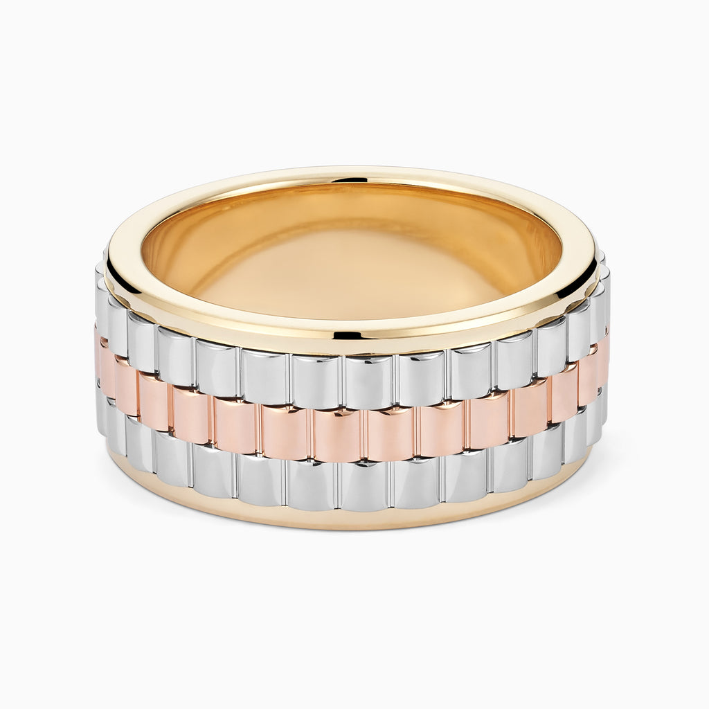 The Ecksand Three-Tone Ridged Wedding Ring shown with  in 14k White Yellow and Rose Gold