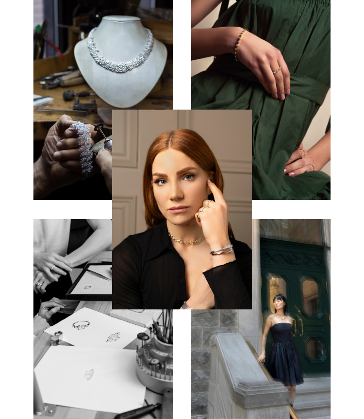 a collage with ecksand's creative director erica bianchini, a diamond necklace being handcrafted, a yellow gold with diamonds ring and bracelet, designs, and model