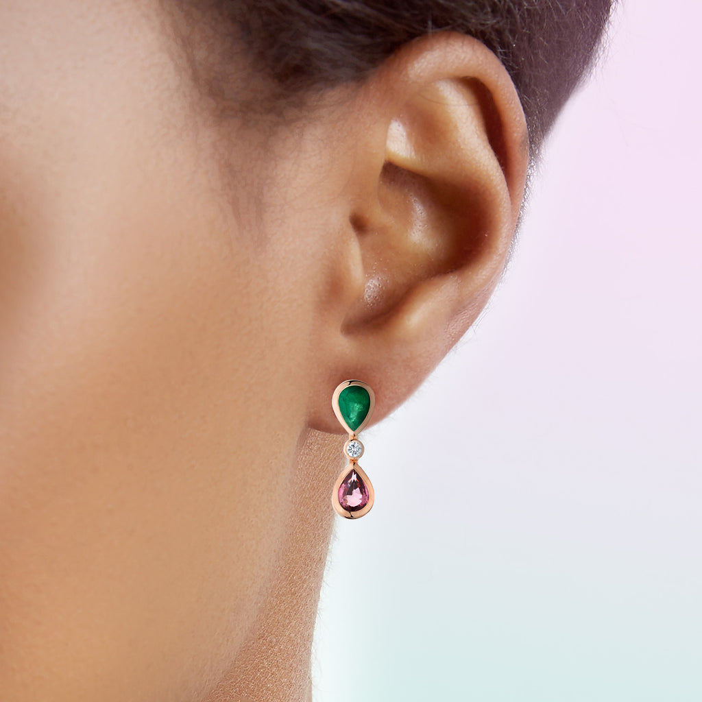 The Ecksand Emerald and Pink Sapphire Dangle Earrings with Accent Diamonds shown with  in 