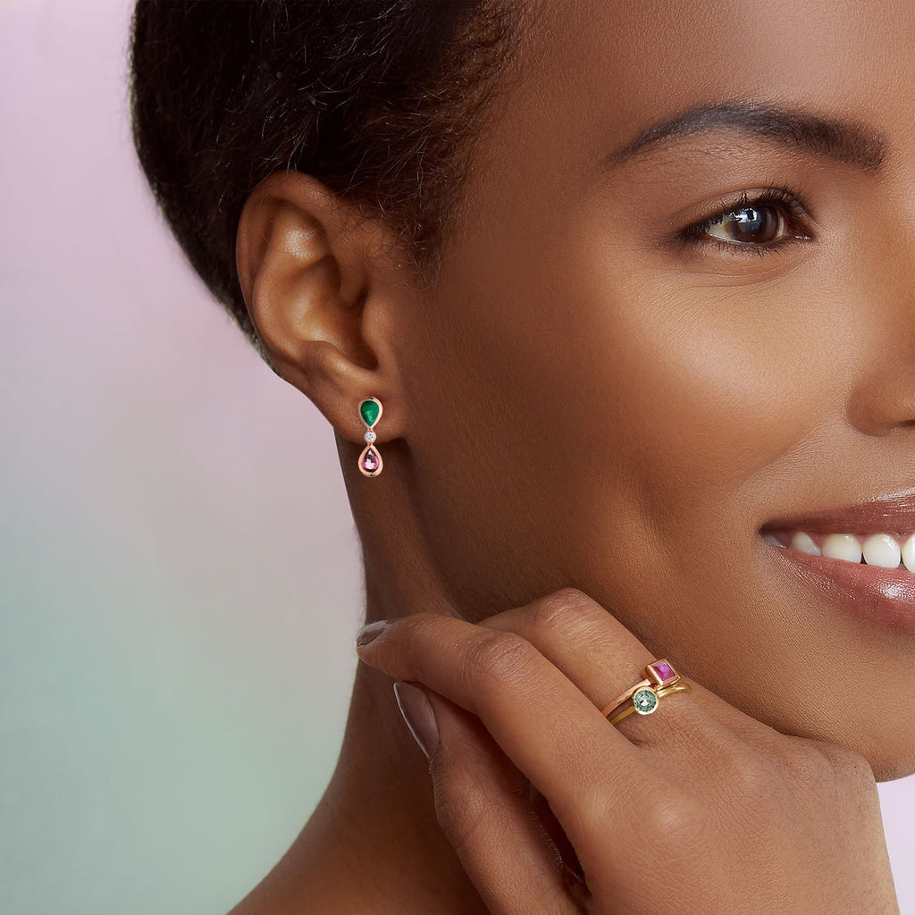 The Ecksand Emerald and Pink Sapphire Dangle Earrings with Accent Diamonds shown with  in 