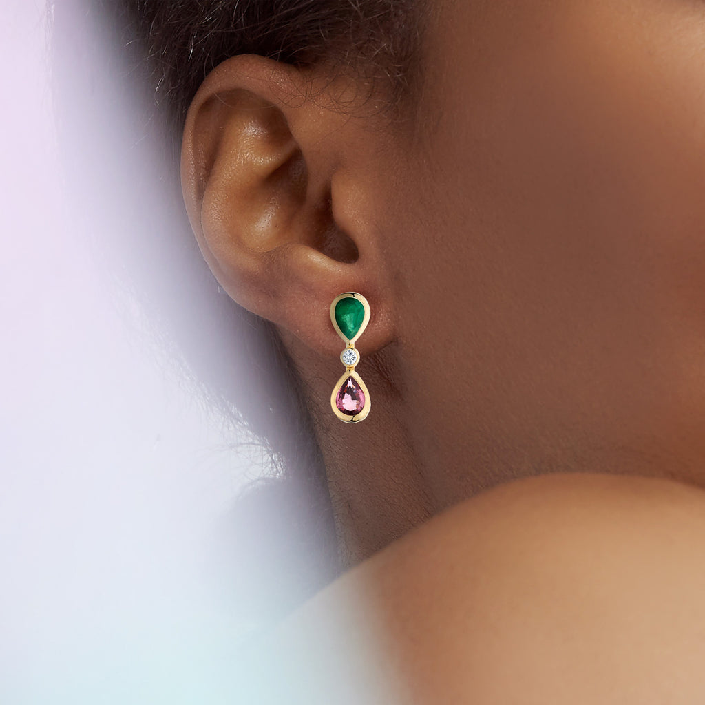 The Ecksand Emerald and Pink Sapphire Dangle Earrings with Accent Diamonds shown with  in 