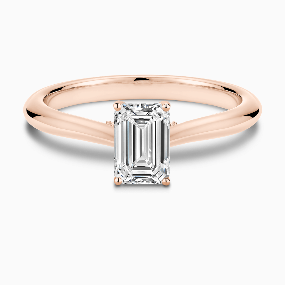 The Ecksand Cathedral-Setting Diamond Engagement Ring with Diamond Bridge shown with Emerald in 14k Rose Gold
