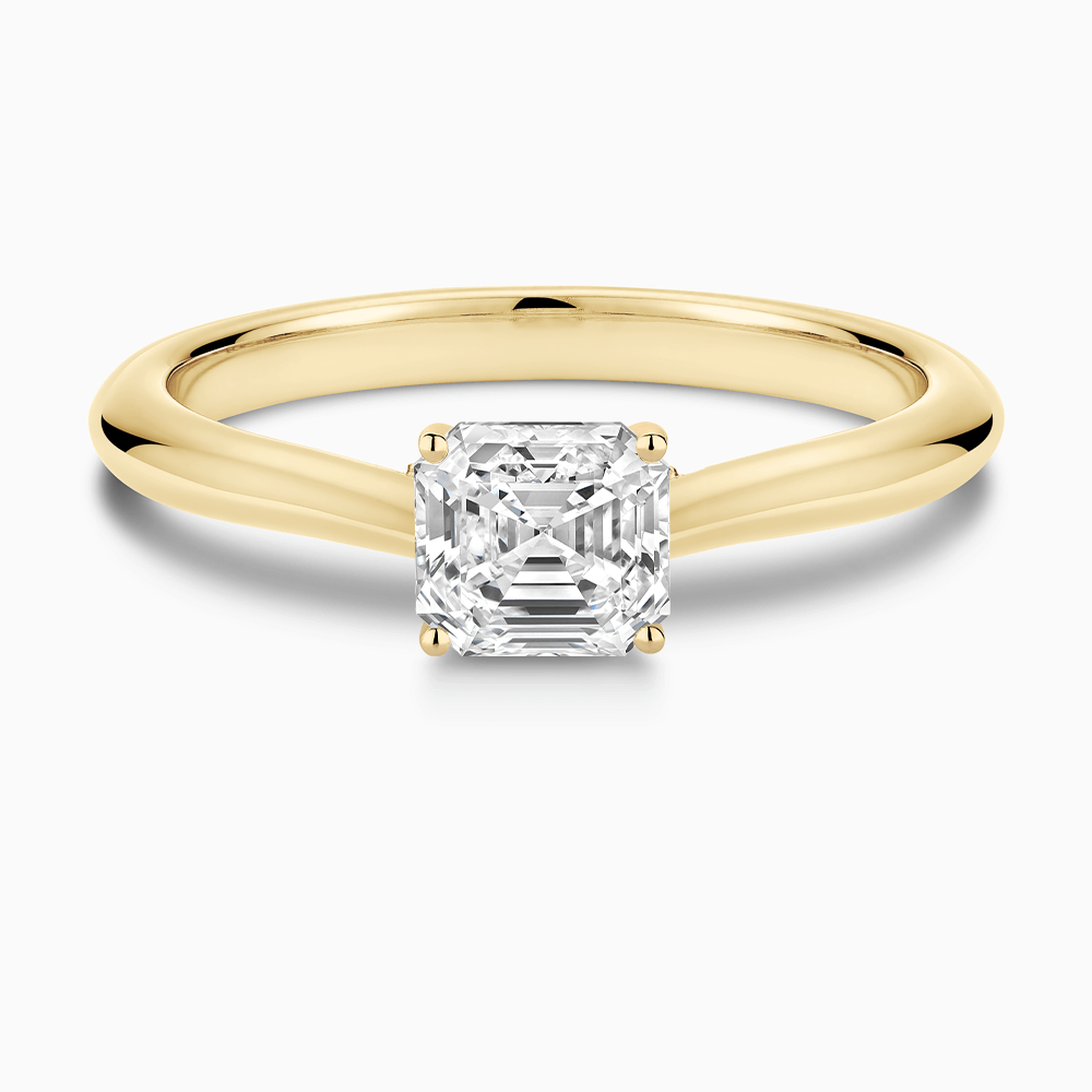 The Ecksand Cathedral-Setting Diamond Engagement Ring with Diamond Bridge shown with Asscher in 18k Yellow Gold