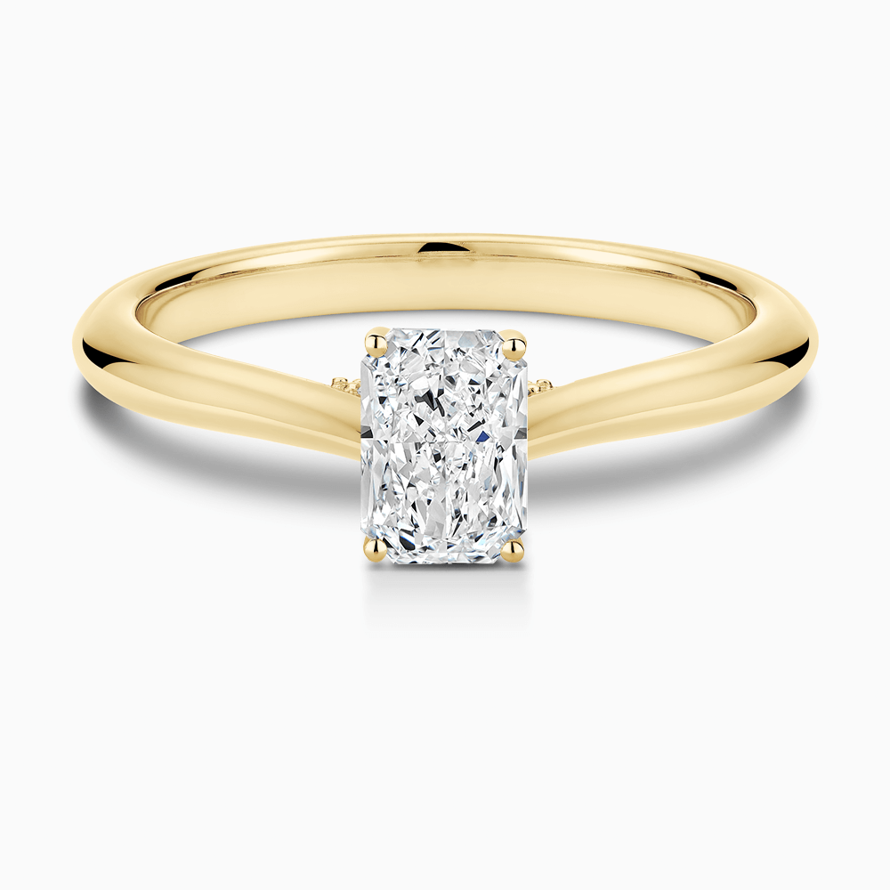 The Ecksand Cathedral-Setting Diamond Engagement Ring with Diamond Bridge shown with Radiant in 18k Yellow Gold