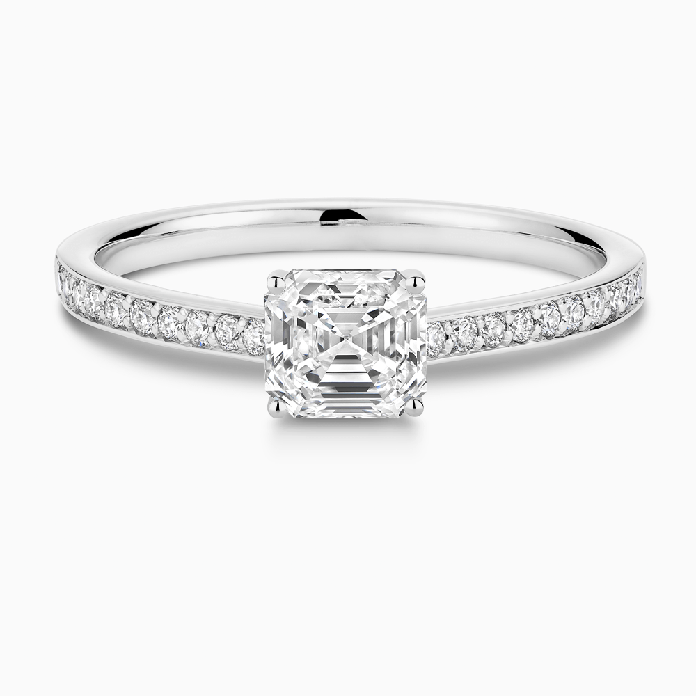 The Ecksand Diamond Engagement Ring with Bright-Cut Band and Diamond Bridge shown with Asscher in 18k White Gold