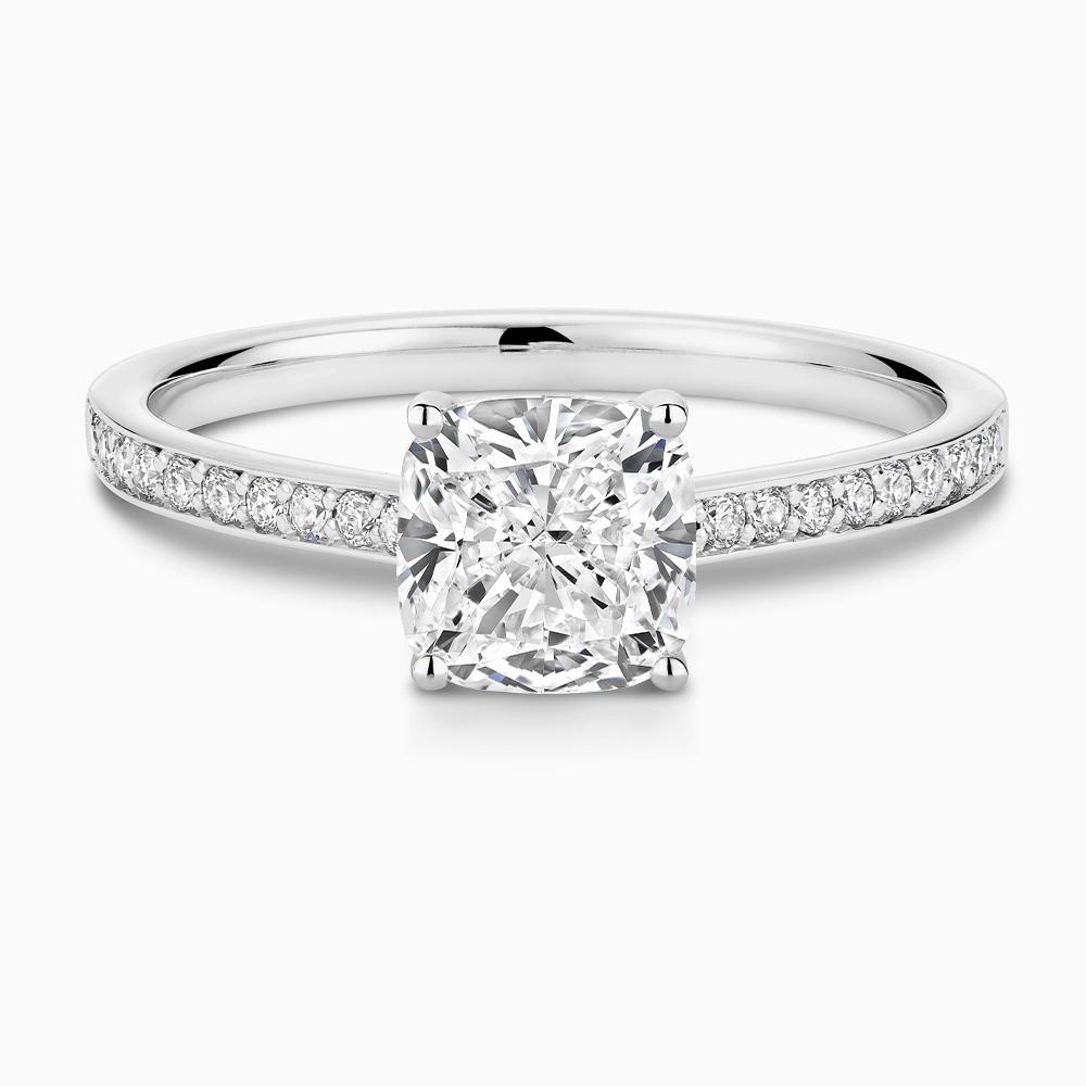 The Ecksand Diamond Engagement Ring with Bright-Cut Band and Diamond Bridge shown with Cushion in 18k White Gold