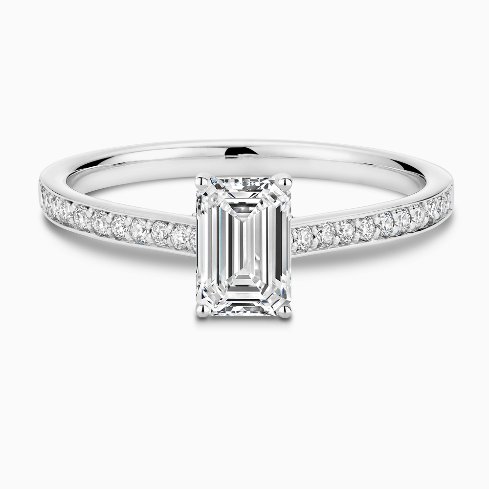 The Ecksand Diamond Engagement Ring with Bright-Cut Band and Diamond Bridge shown with Emerald in 18k White Gold