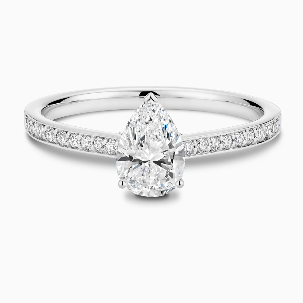 The Ecksand Diamond Engagement Ring with Bright-Cut Band and Diamond Bridge shown with Pear in 18k White Gold
