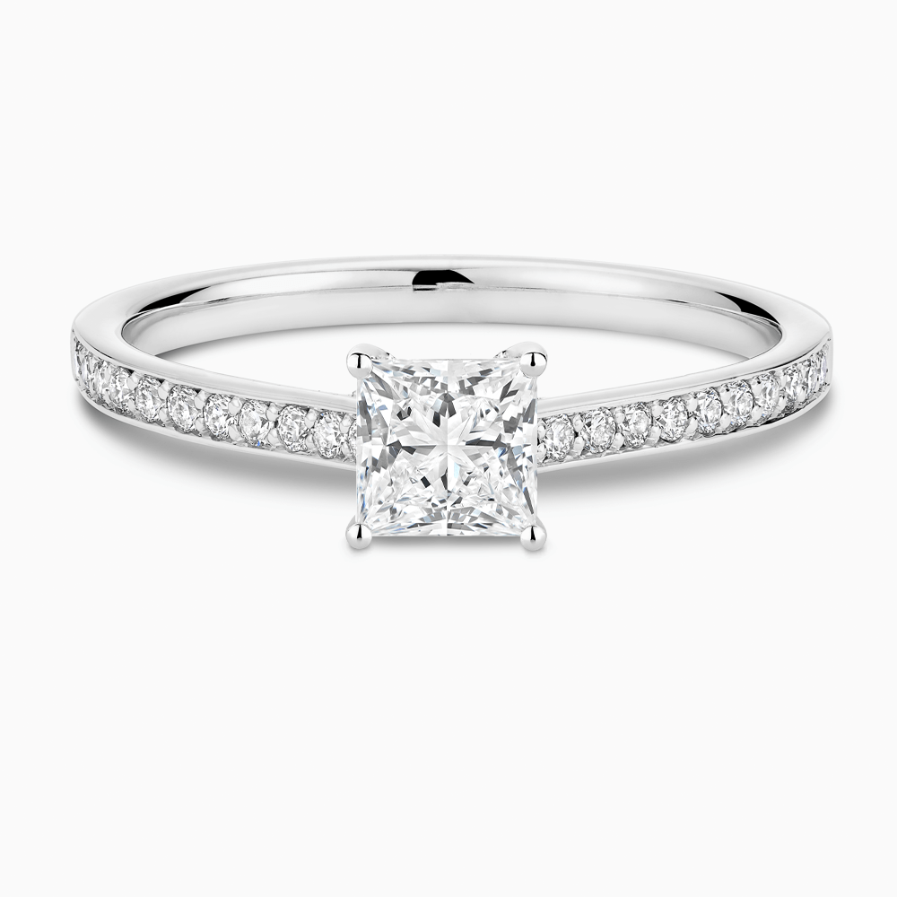 The Ecksand Diamond Engagement Ring with Bright-Cut Band and Diamond Bridge shown with Princess in 18k White Gold