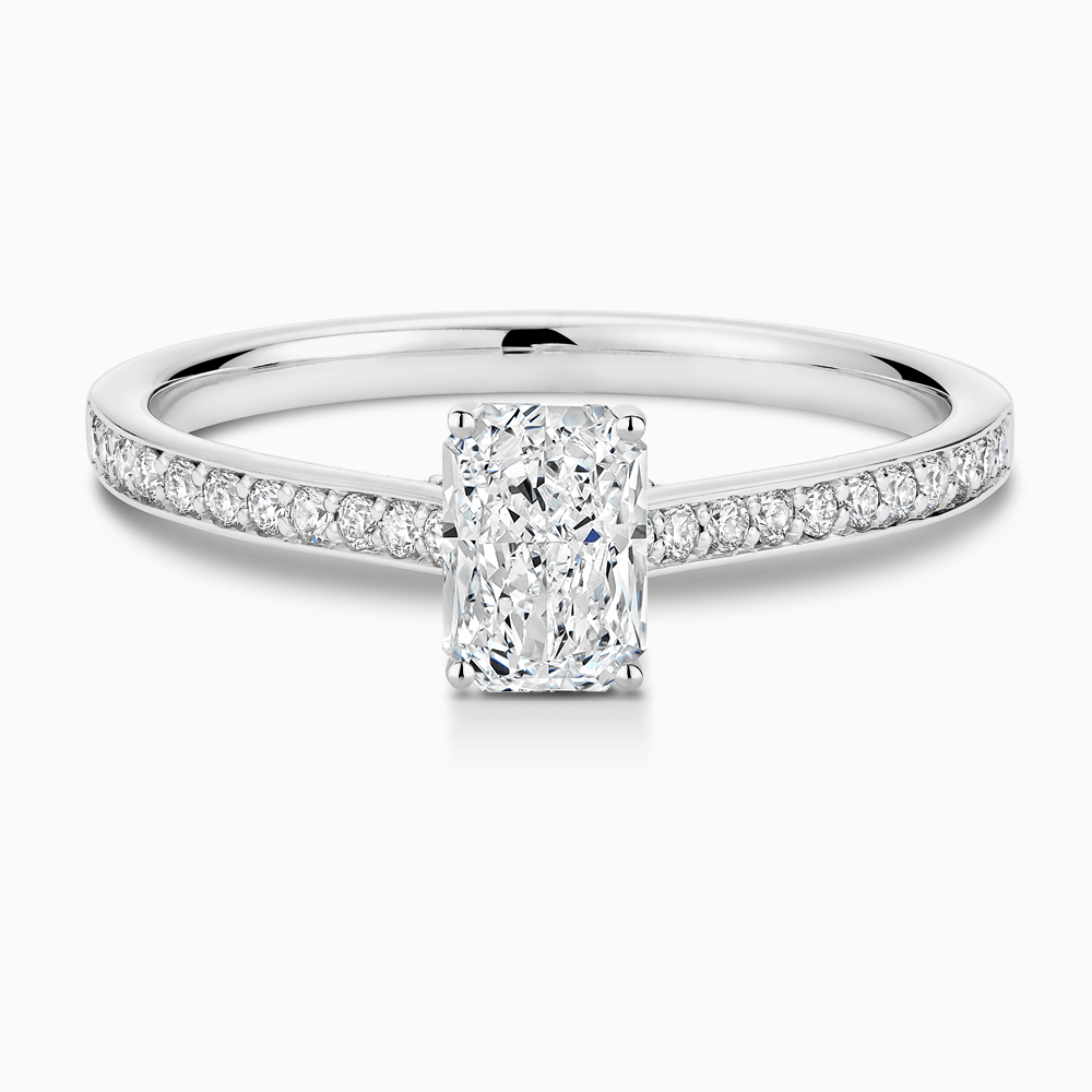The Ecksand Diamond Engagement Ring with Bright-Cut Band and Diamond Bridge shown with Radiant in 18k White Gold