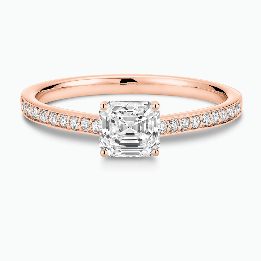 The Ecksand Diamond Engagement Ring with Bright-Cut Band and Diamond Bridge shown with Asscher in 14k Rose Gold
