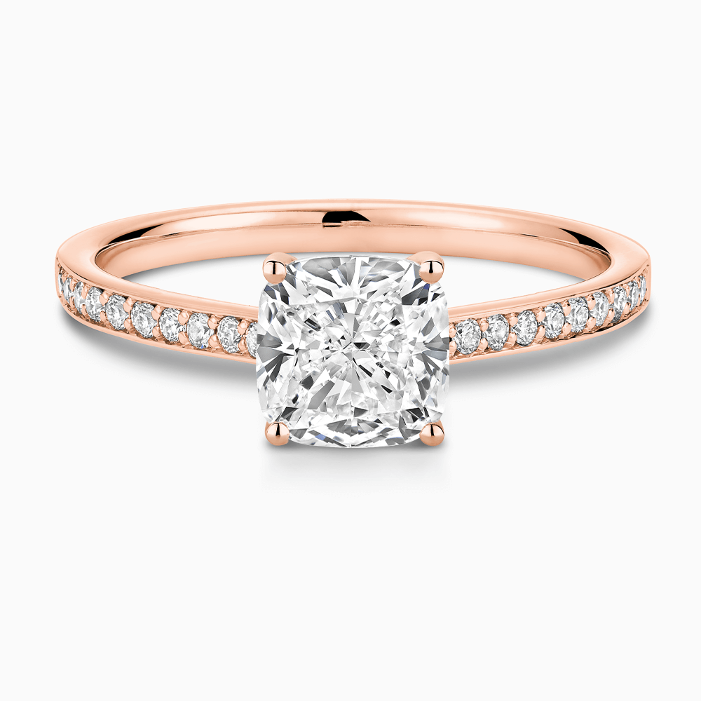 The Ecksand Diamond Engagement Ring with Bright-Cut Band and Diamond Bridge shown with Cushion in 14k Rose Gold