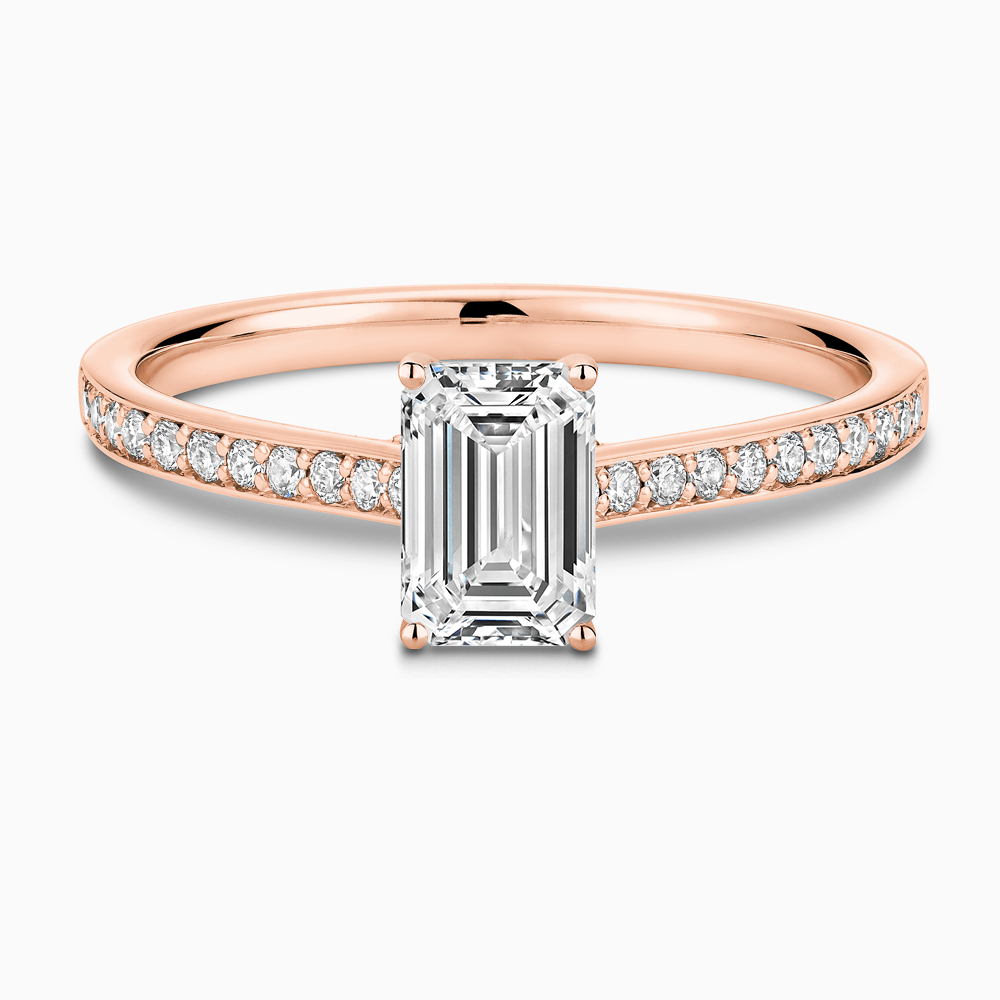 The Ecksand Diamond Engagement Ring with Bright-Cut Band and Diamond Bridge shown with Emerald in 14k Rose Gold