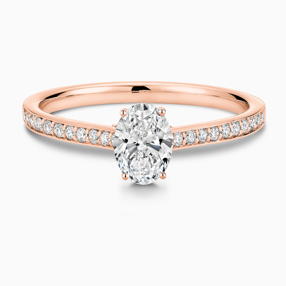 The Ecksand Diamond Engagement Ring with Bright-Cut Band and Diamond Bridge shown with Oval in 14k Rose Gold