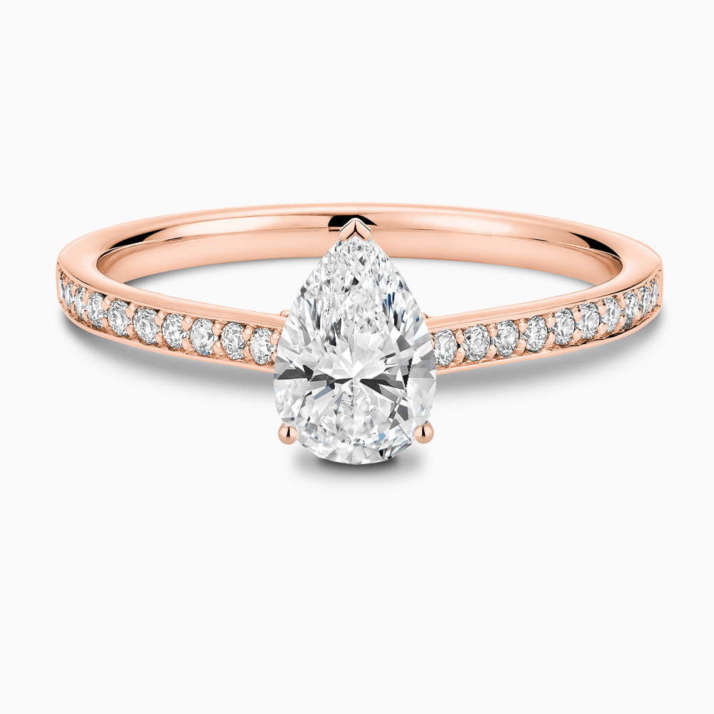 The Ecksand Diamond Engagement Ring with Bright-Cut Band and Diamond Bridge shown with Pear in 14k Rose Gold