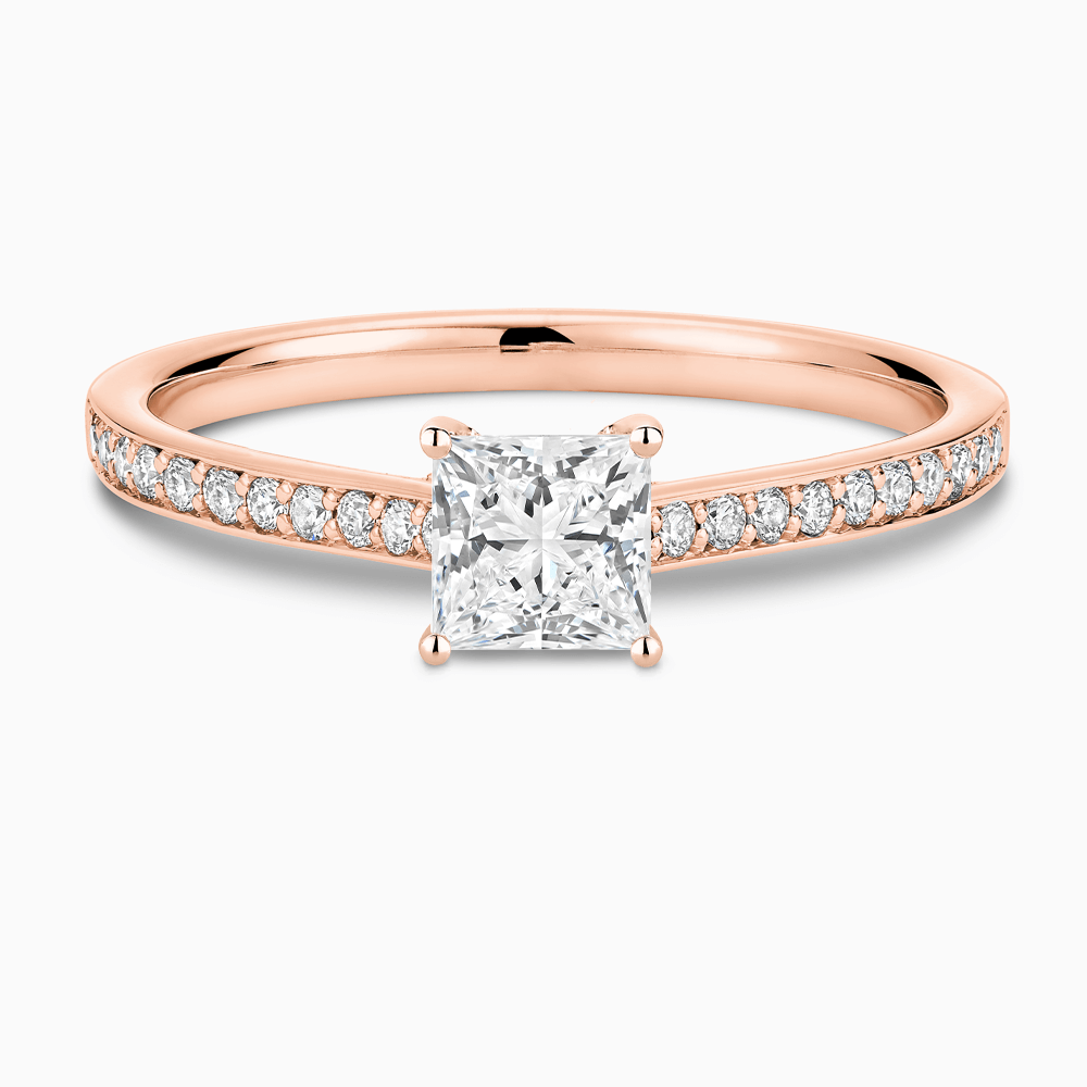 The Ecksand Diamond Engagement Ring with Bright-Cut Band and Diamond Bridge shown with Princess in 14k Rose Gold