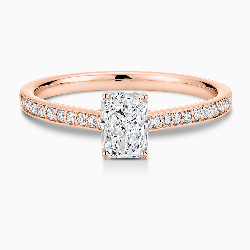 The Ecksand Diamond Engagement Ring with Bright-Cut Band and Diamond Bridge shown with Radiant in 14k Rose Gold