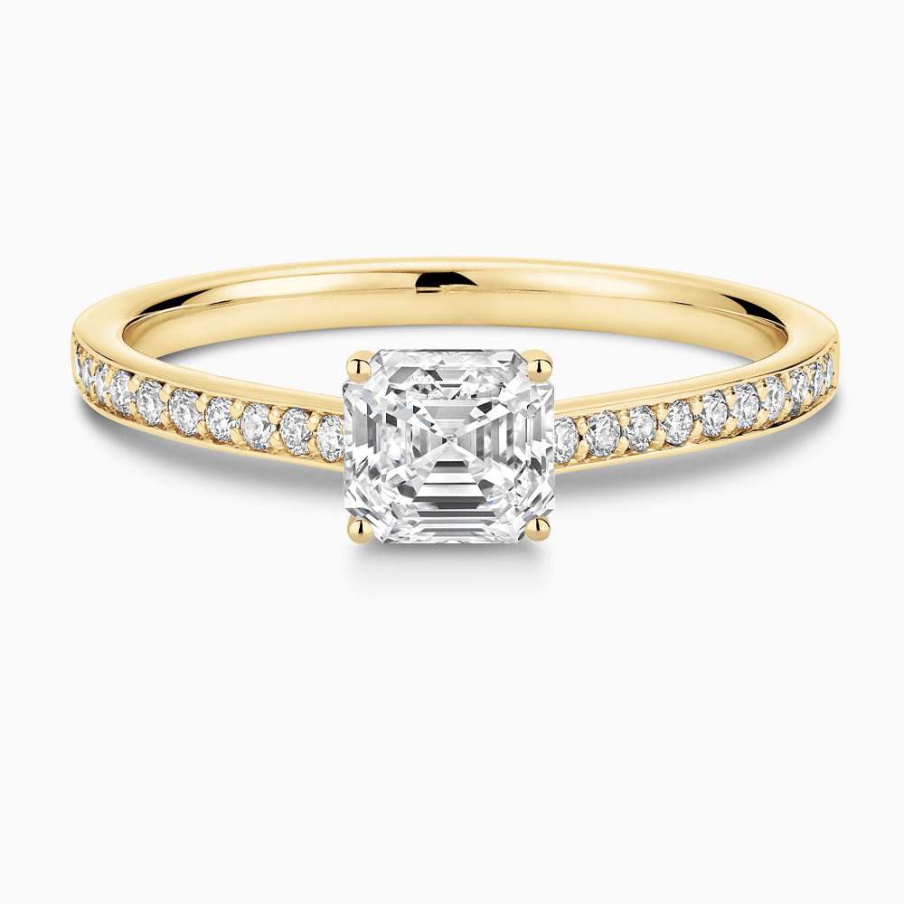 The Ecksand Diamond Engagement Ring with Bright-Cut Band and Diamond Bridge shown with Asscher in 18k Yellow Gold