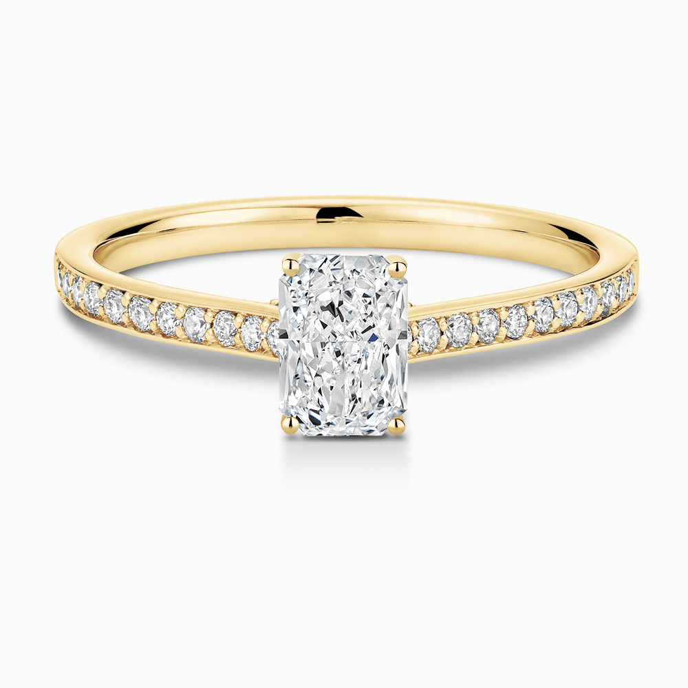 The Ecksand Diamond Engagement Ring with Bright-Cut Band and Diamond Bridge shown with Radiant in 18k Yellow Gold