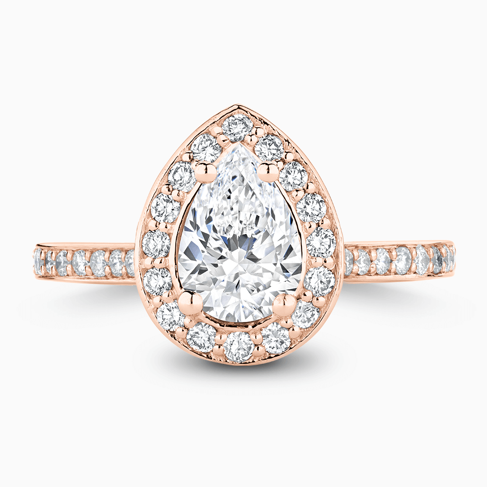 The Ecksand Diamond Halo Engagement Ring with Bright-Cut Diamond Band shown with Pear in 14k Rose Gold