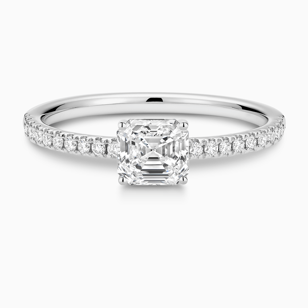 The Ecksand Basket-Setting Diamond Engagement Ring with Diamond Bridge shown with Asscher in 18k White Gold