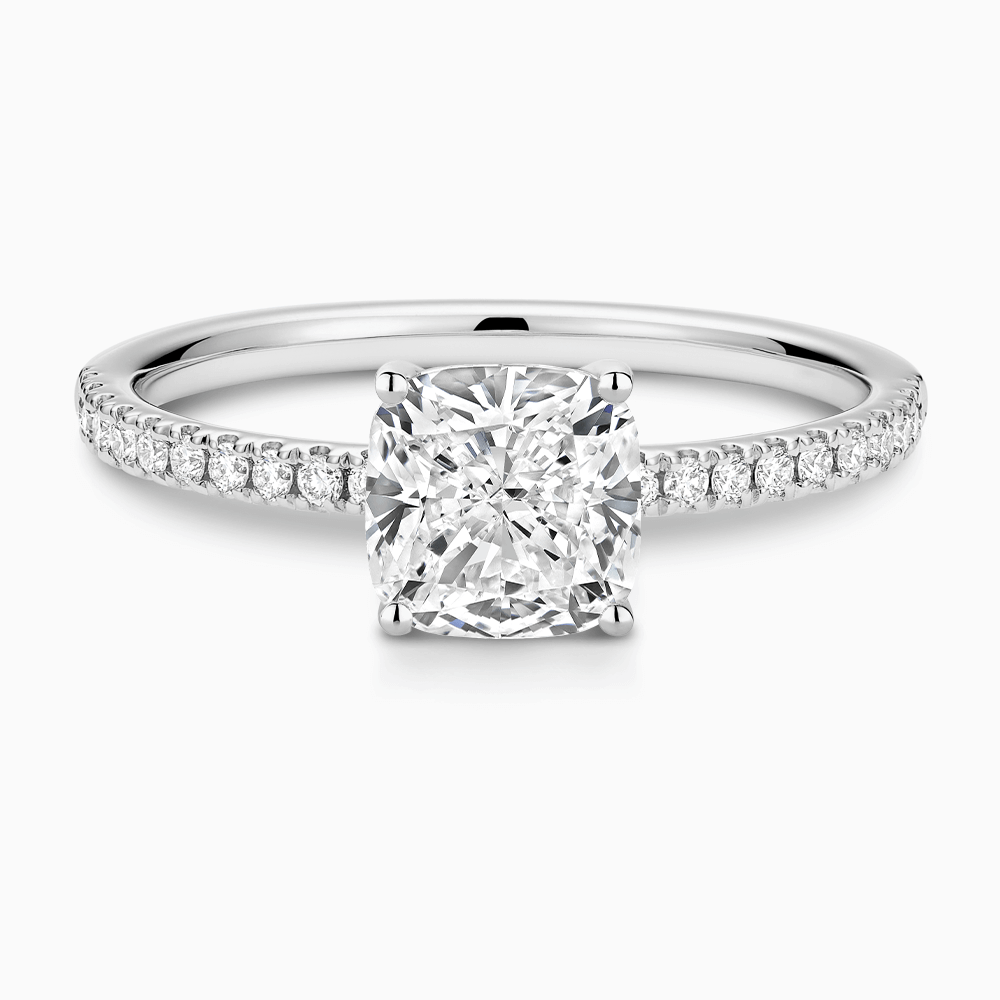 The Ecksand Basket-Setting Diamond Engagement Ring with Diamond Bridge shown with Cushion in 18k White Gold