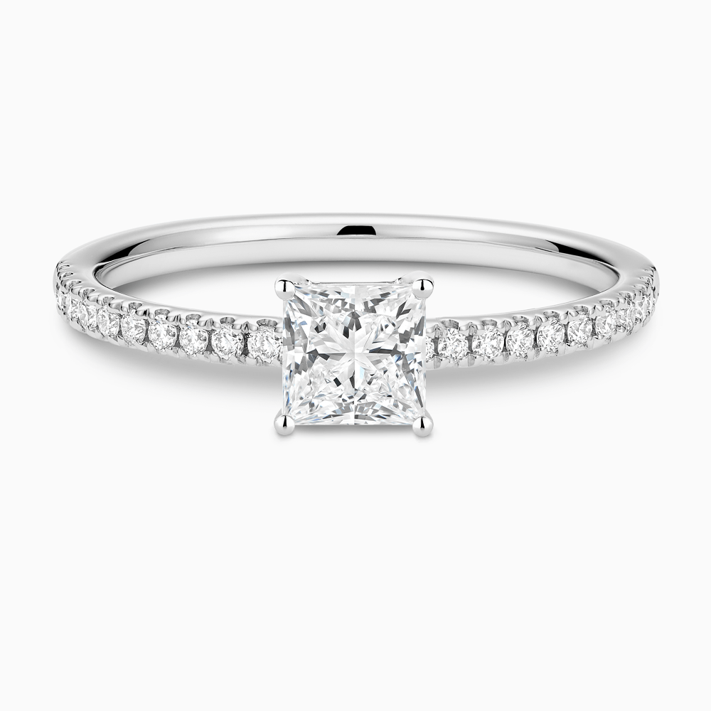 The Ecksand Basket-Setting Diamond Engagement Ring with Diamond Bridge shown with Princess in 18k White Gold