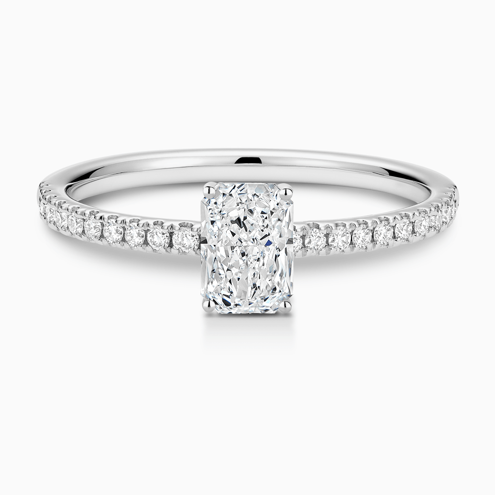 The Ecksand Basket-Setting Diamond Engagement Ring with Diamond Bridge shown with Radiant in 18k White Gold