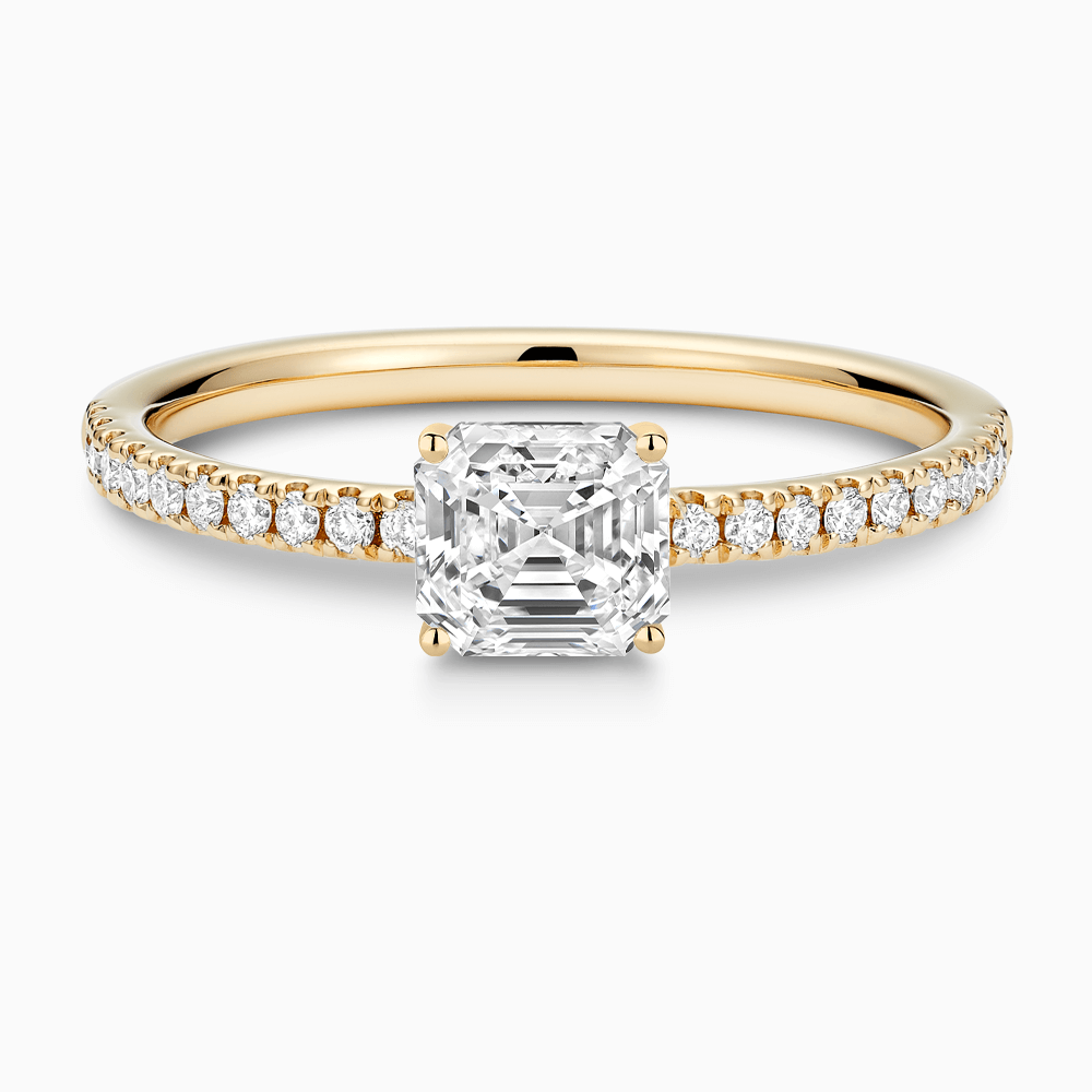 The Ecksand Basket-Setting Diamond Engagement Ring with Diamond Bridge shown with Asscher in 18k Yellow Gold