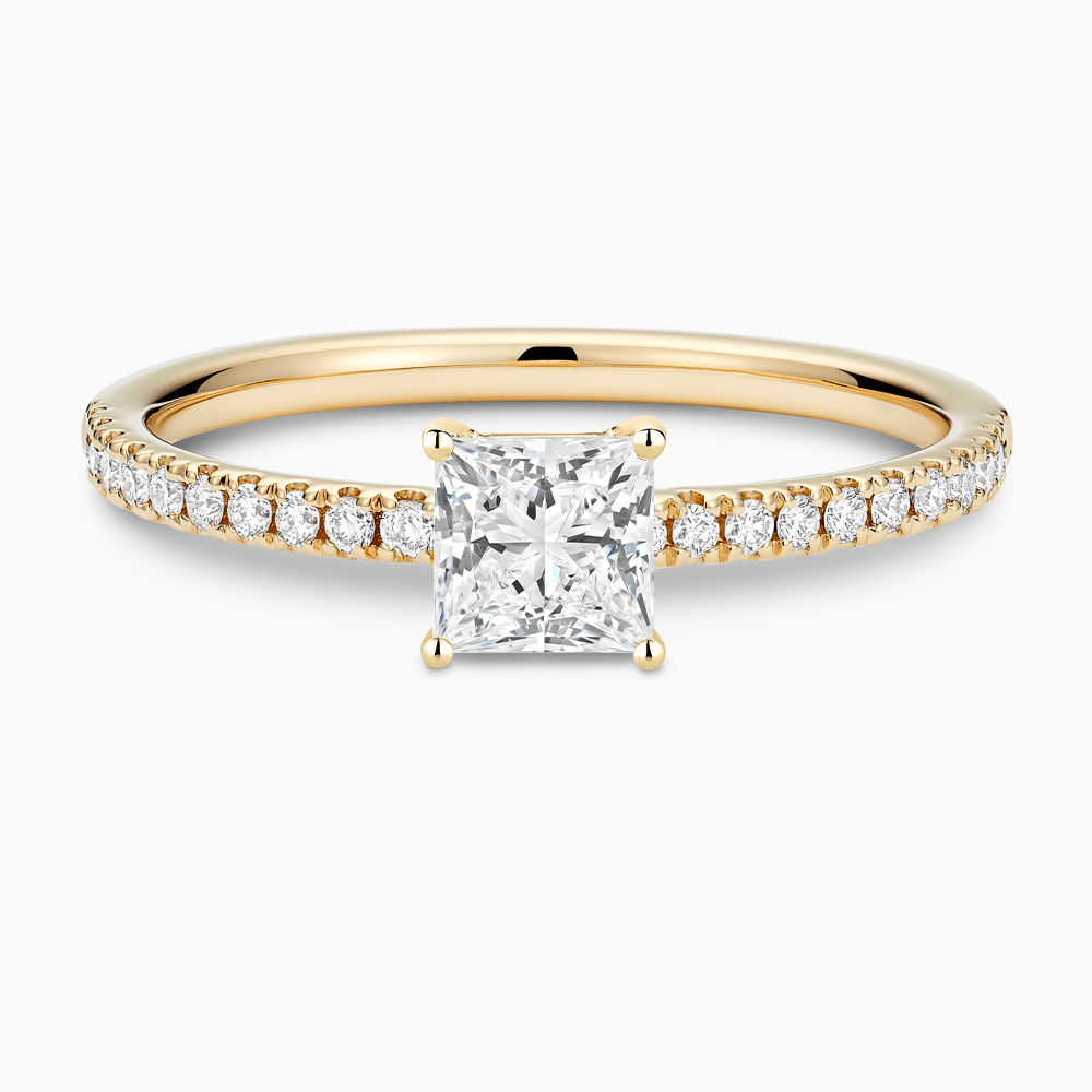 The Ecksand Basket-Setting Diamond Engagement Ring with Diamond Bridge shown with Princess in 18k Yellow Gold
