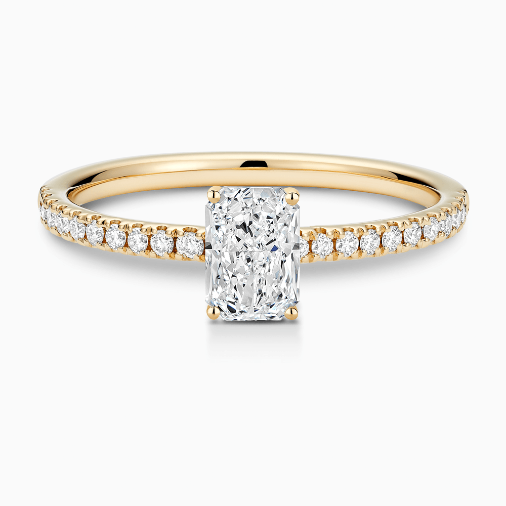 The Ecksand Basket-Setting Diamond Engagement Ring with Diamond Bridge shown with Radiant in 18k Yellow Gold