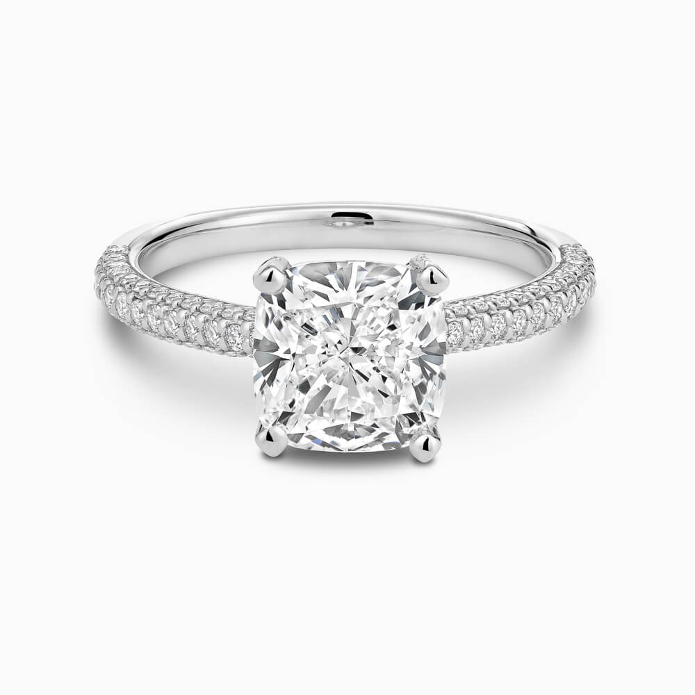 The Ecksand Diamond Engagement Ring with Diamond Pavé Basket shown with Cushion in 18k White Gold