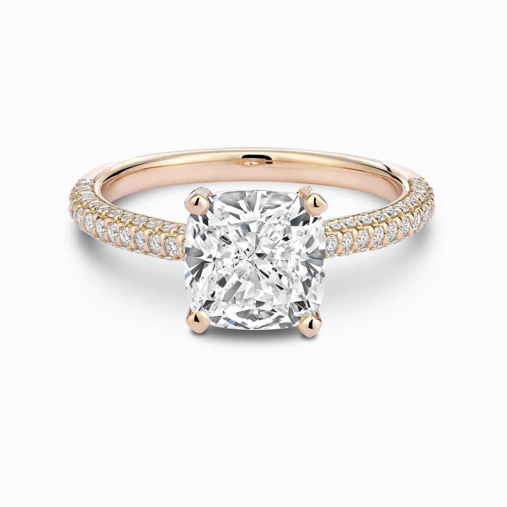 The Ecksand Diamond Engagement Ring with Diamond Pavé Basket shown with Cushion in 18k Yellow Gold