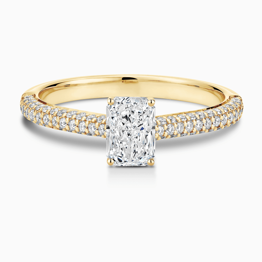 The Ecksand Diamond Engagement Ring with Diamond Pavé Cathedral Setting shown with Radiant in 18k Yellow Gold