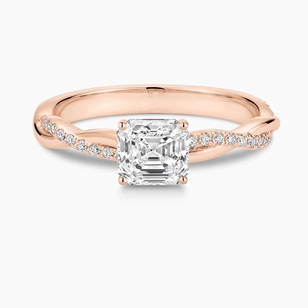 The Ecksand Diamond Engagement Ring with Secret Heart and Twisted Diamond Band shown with Asscher in 14k Rose Gold