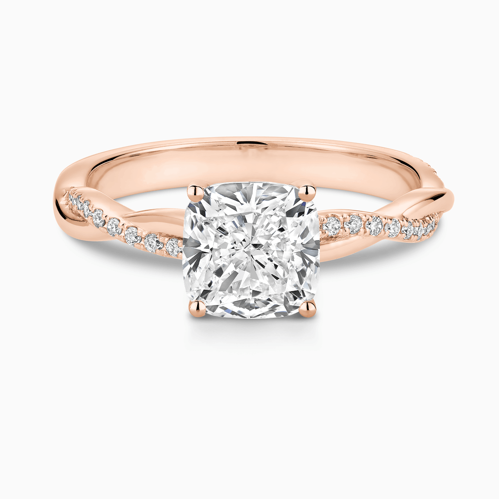 The Ecksand Diamond Engagement Ring with Secret Heart and Twisted Diamond Band shown with Cushion in 14k Rose Gold