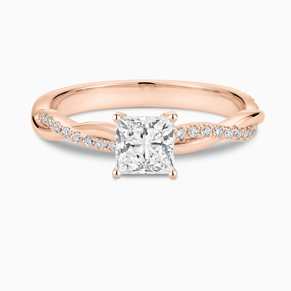 The Ecksand Diamond Engagement Ring with Secret Heart and Twisted Diamond Band shown with Princess in 14k Rose Gold
