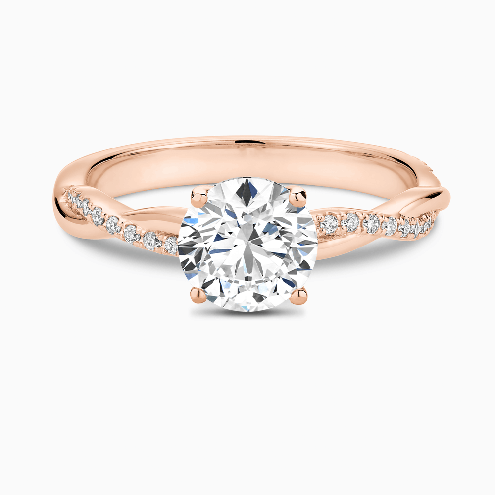 The Ecksand Iconic Diamond Engagement Ring with Secret Heart and Twisted Diamond Band shown with Round in 14k Rose Gold