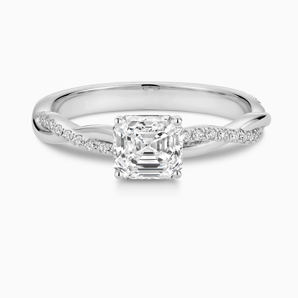 The Ecksand Iconic Diamond Engagement Ring with Secret Heart and Twisted Diamond Band shown with Asscher in 18k White Gold