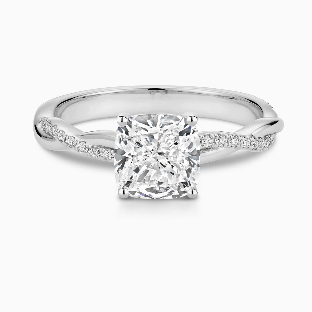 The Ecksand Diamond Engagement Ring with Secret Heart and Twisted Diamond Band shown with Cushion in 18k White Gold