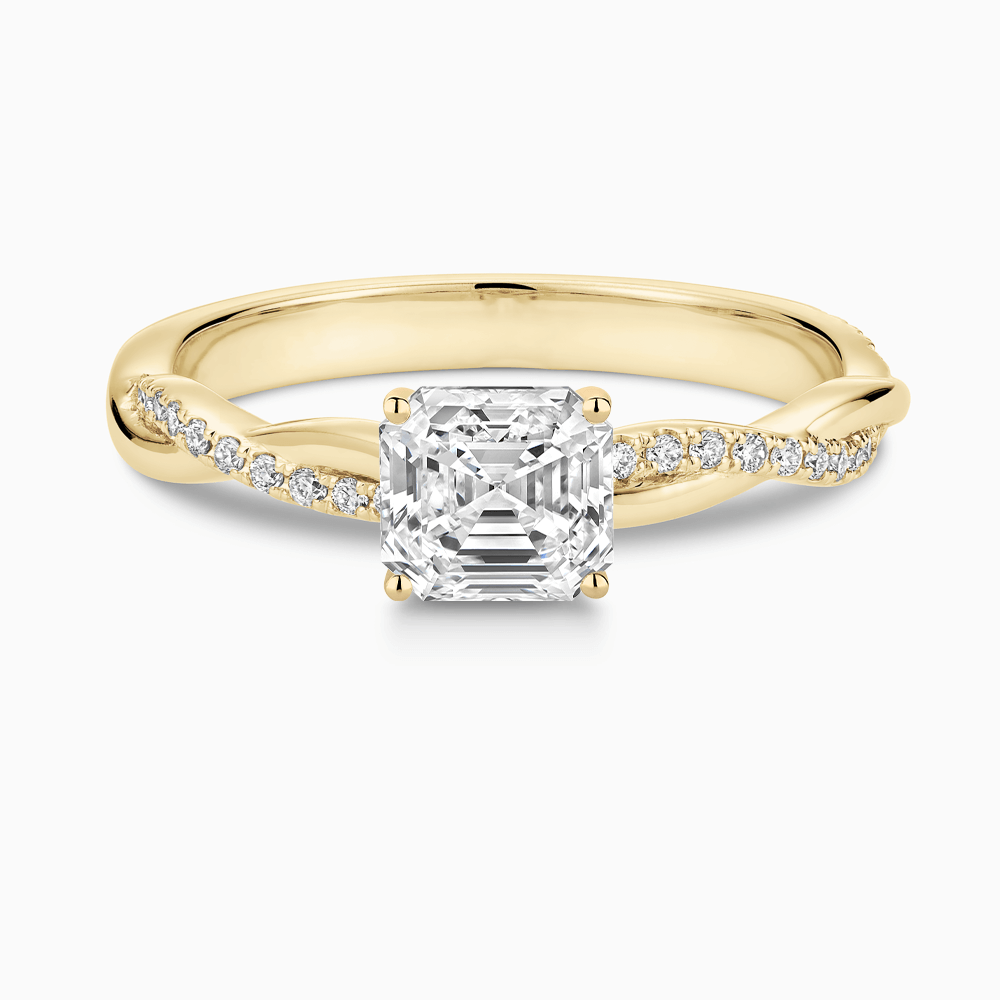 The Ecksand Diamond Engagement Ring with Secret Heart and Twisted Diamond Band shown with Asscher in 18k Yellow Gold