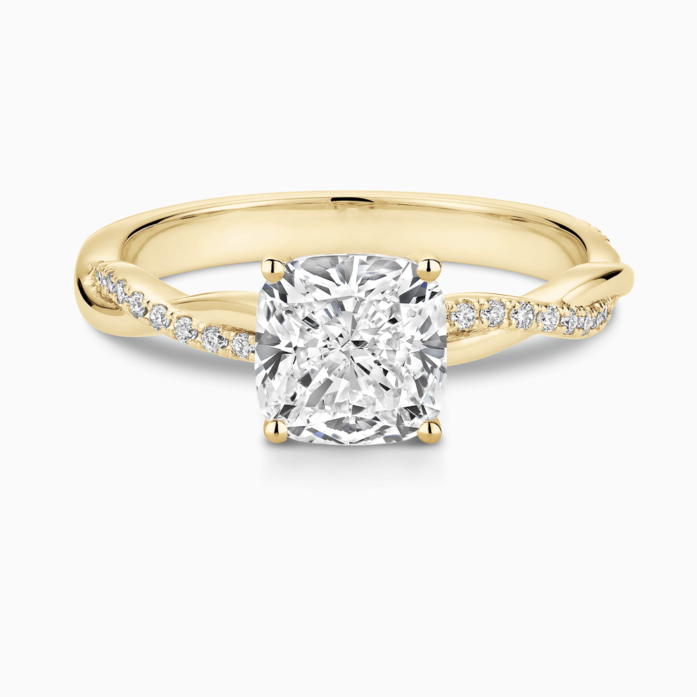 The Ecksand Diamond Engagement Ring with Secret Heart and Twisted Diamond Band shown with Cushion in 18k Yellow Gold