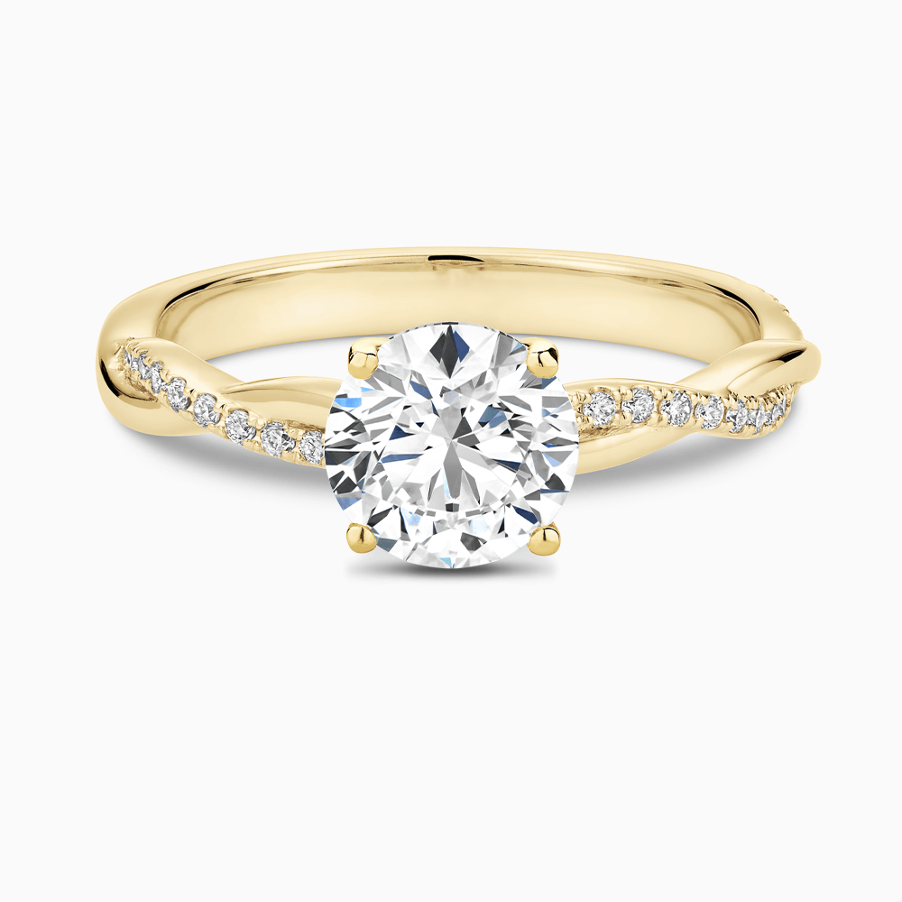 The Ecksand Iconic Diamond Engagement Ring with Secret Heart and Twisted Diamond Band shown with Round in 18k Yellow Gold