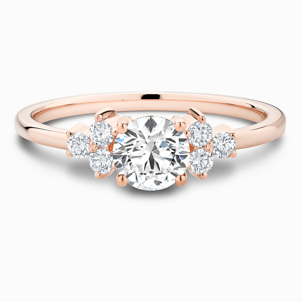 The Ecksand Iconic Diamond Engagement Ring with Six Side Diamonds shown with Round in 14k Rose Gold