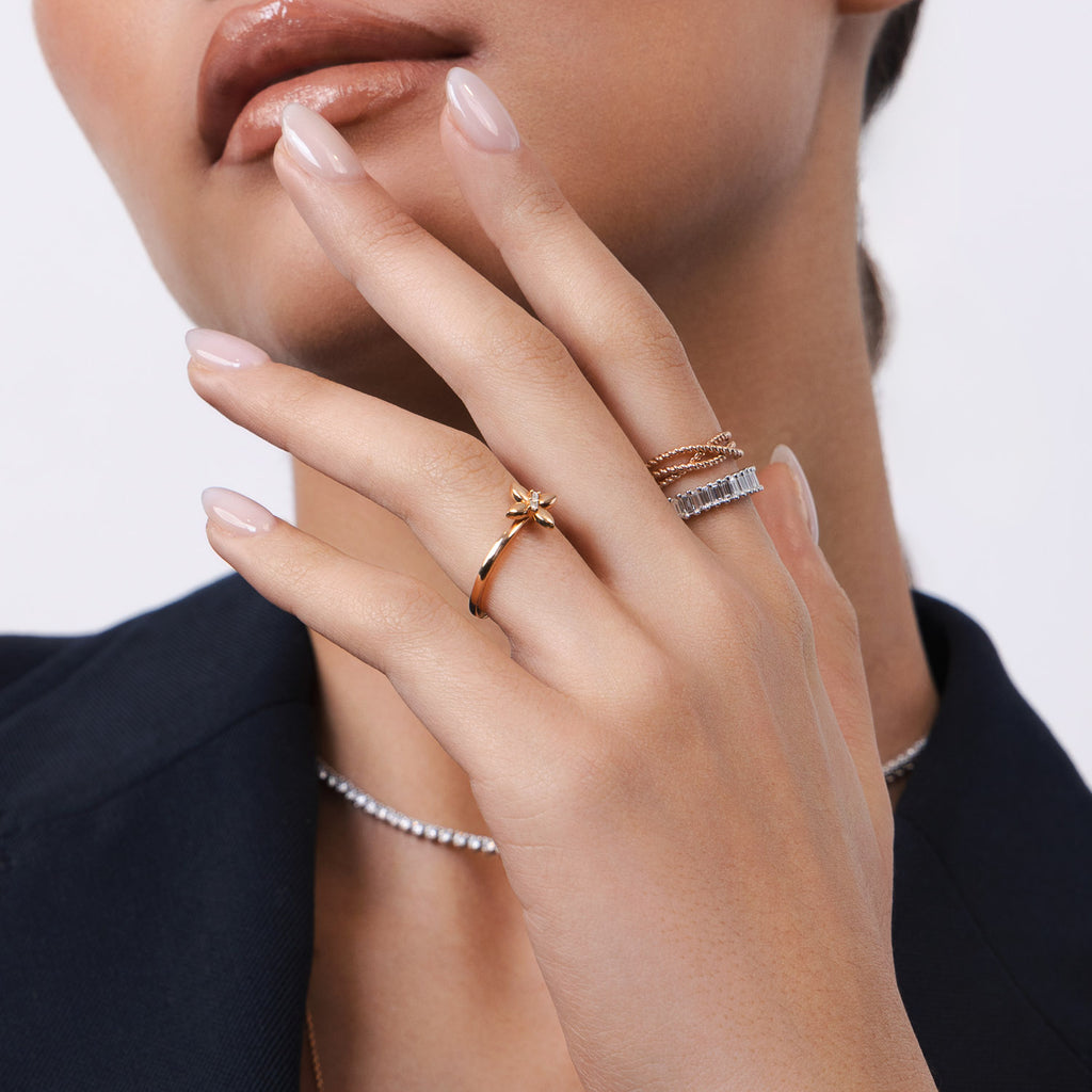 Model wearing Ecksand's Angled Butterfly Diamond Ring in 18k Rose Gold, Natural VS2+/ F+ #3