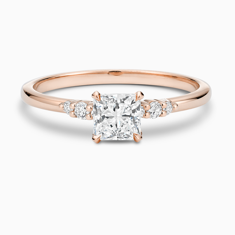 Ecksand's Engagement Ring with Eagle Prongs and Side Diamonds in 14k Rose Gold, Princess